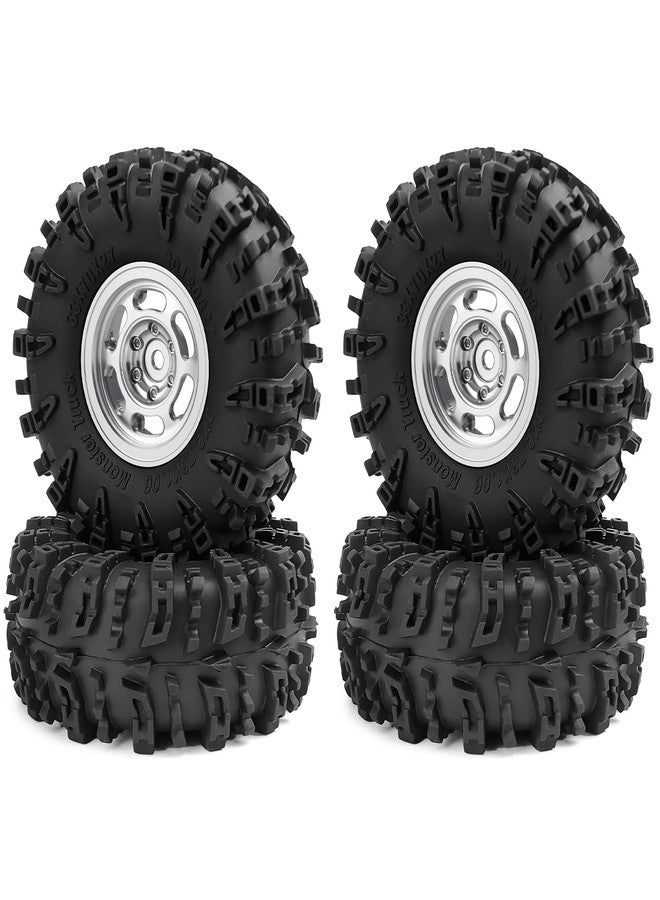 MORFUM 1.3" Beadlock Wheels and Tires Set 1.3inch Aluminium Beadlock Wheel Rims with 70mm Soft Sticky Crawler Mud Terrain Rubber Tires for 1/18 1/24 SCX24 TRX4M RC Car Upgrades (Style B - Silver) - Image 2